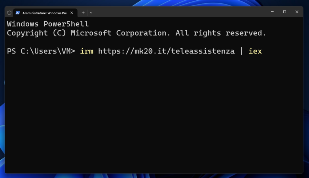 Comando di installazione incollato nel Terminale