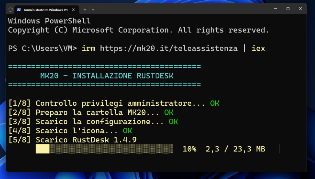 Installazione del software di teleassistenza MK 2.0 in corso nel Terminale