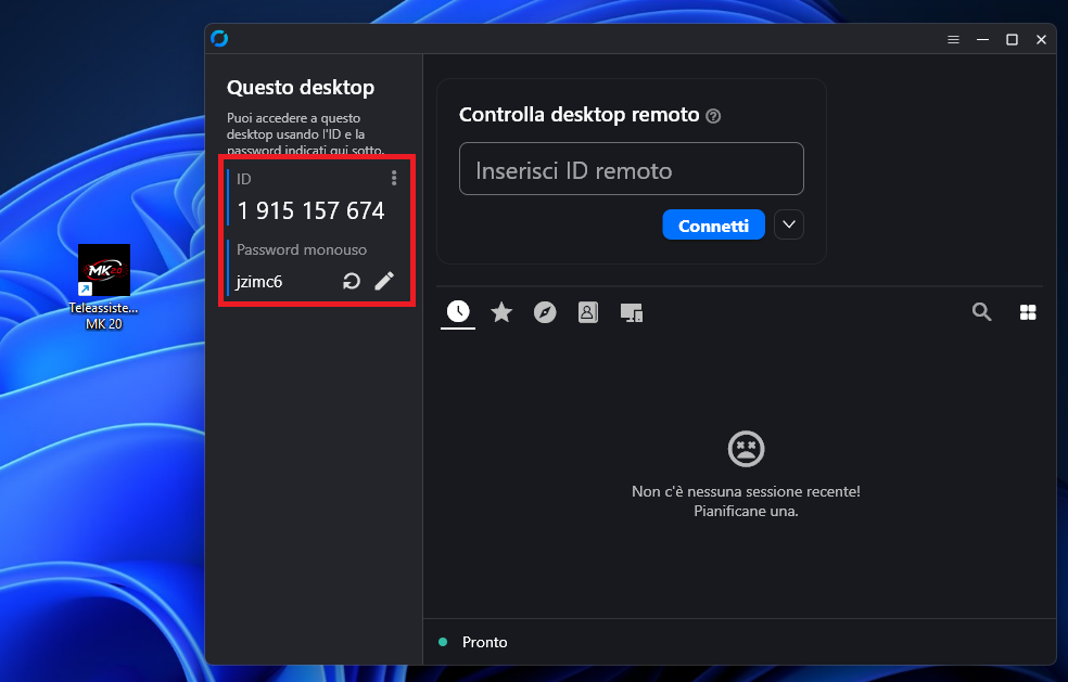 RustDesk aperto con l’ID da comunicare al tecnico di MK 2.0
