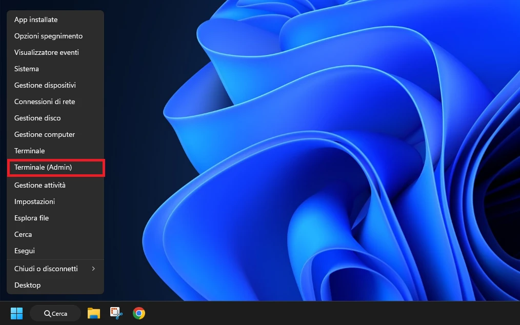 Menu Windows + X con la voce Terminale (Admin) evidenziata